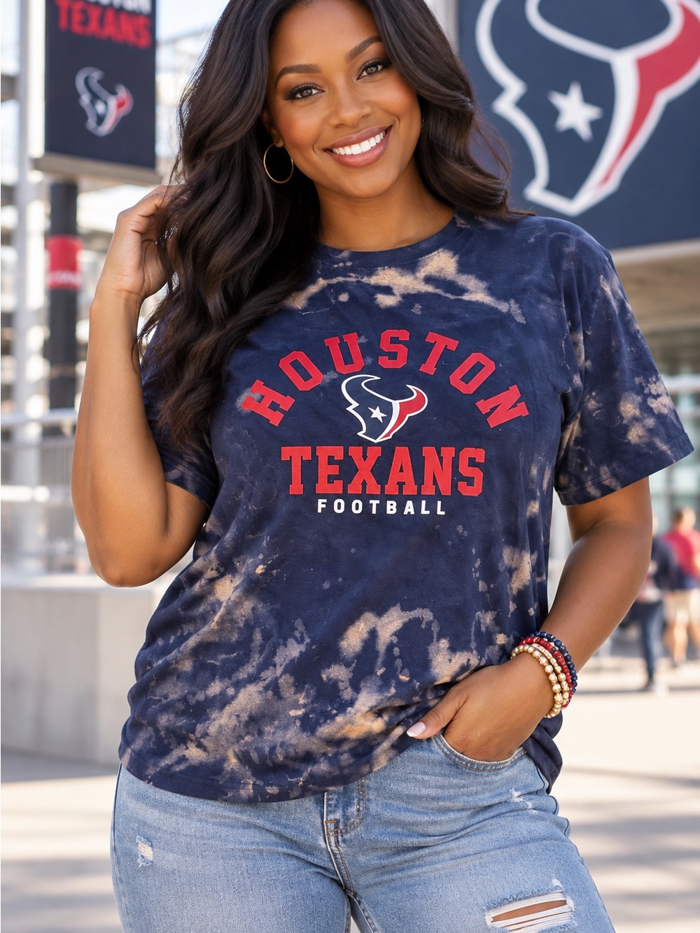 Houston Texans NFL Bleach-dye Graphic Tee with Red Logo
